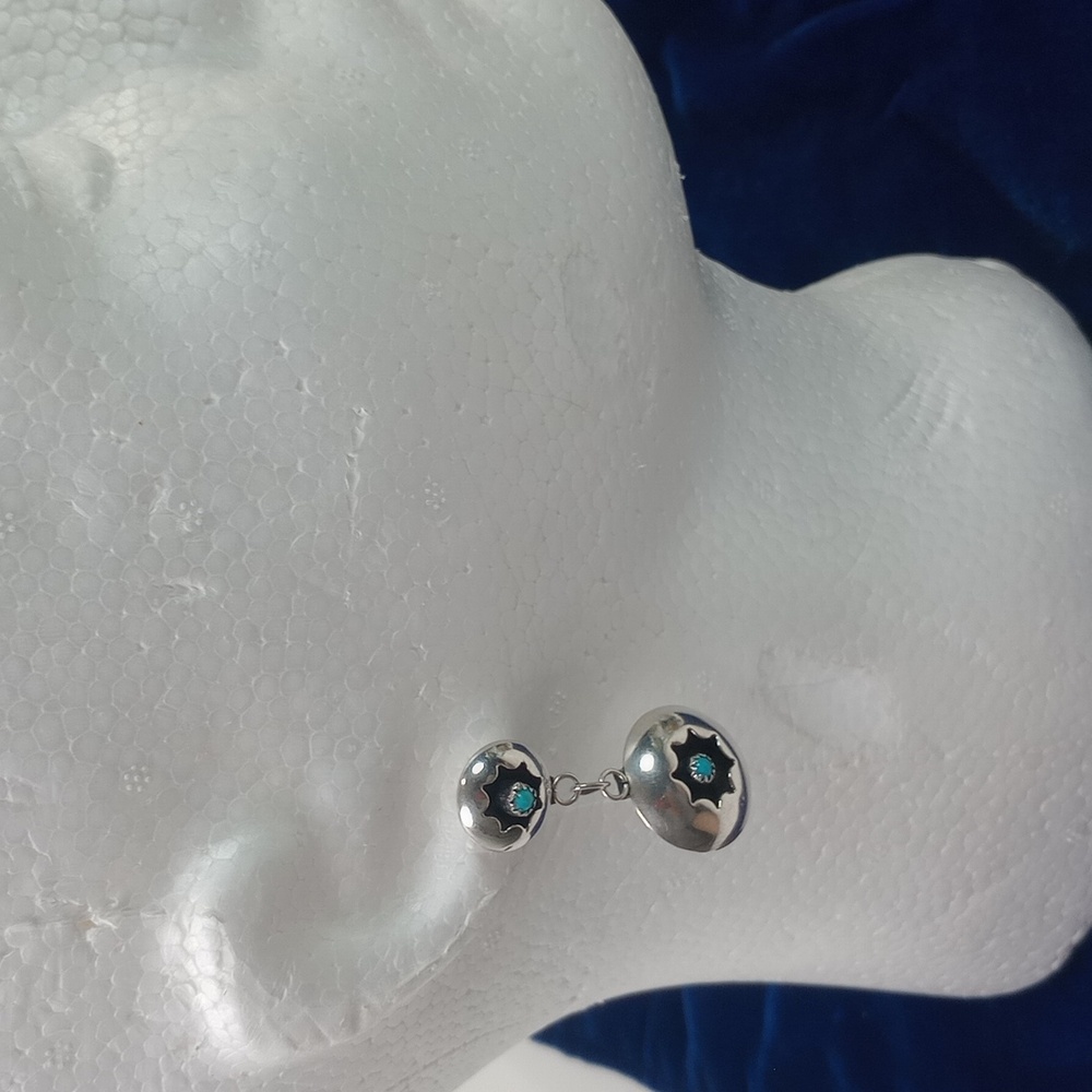 Vintage Navajo Shadowbox Sterling Silver and Turquoise Dangle Earrings - Picture 4 of 12